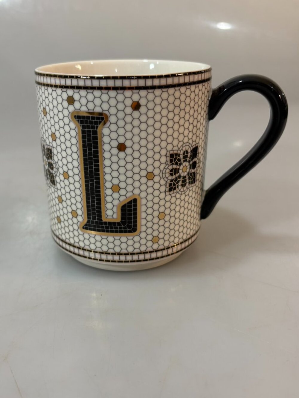 Anthropologie Initial L Mosaic Gold Black White Coffee Tea Mug Cup 12 oz